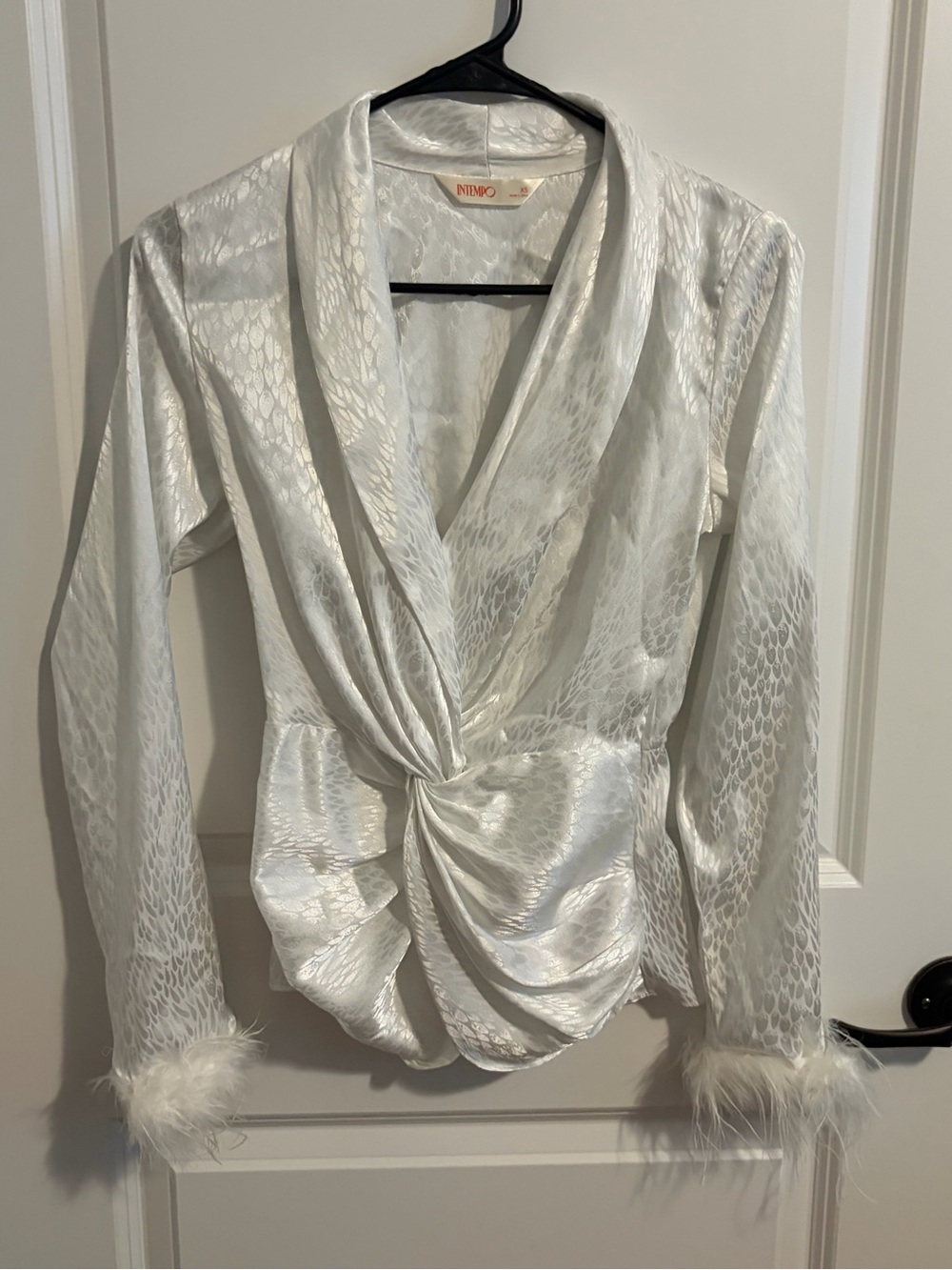 NBD White Satin Twist-Front Blouse with Feather Cuffs